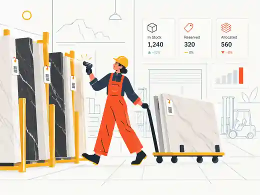 Illustrative Stoneware warehouse scanning and exact-piece operations scene